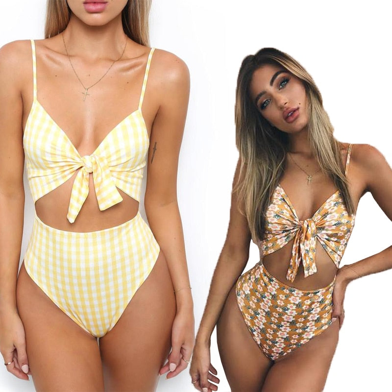 Floral Bow Tie Cutout One Piece